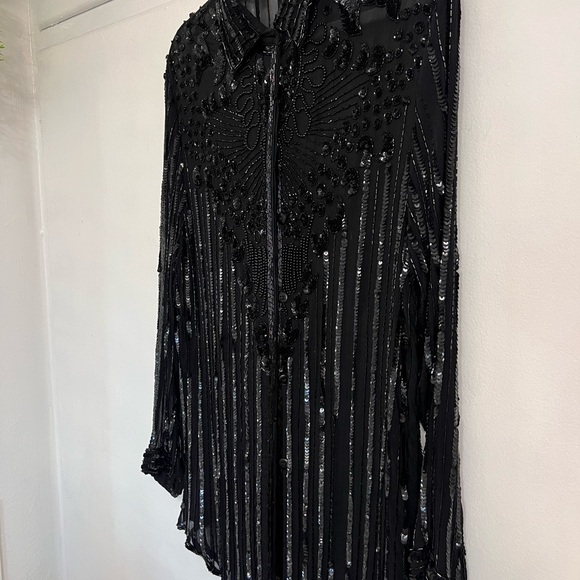 Frank Usher Design Black Beaded Sheer Button-Front Blouse - Picture 9 of 9